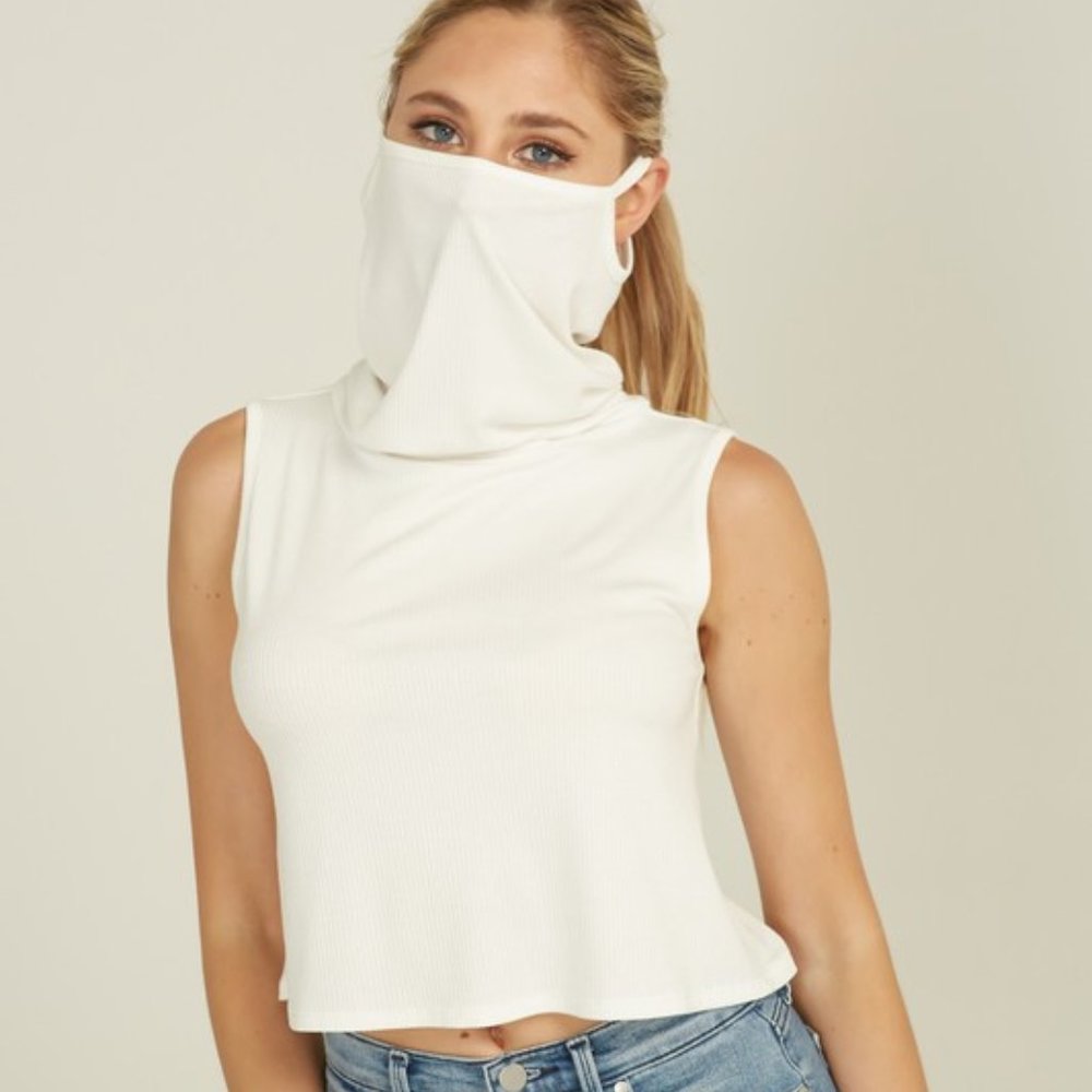 Rib Sleeveless cropped tank top w/Turtle neck mask